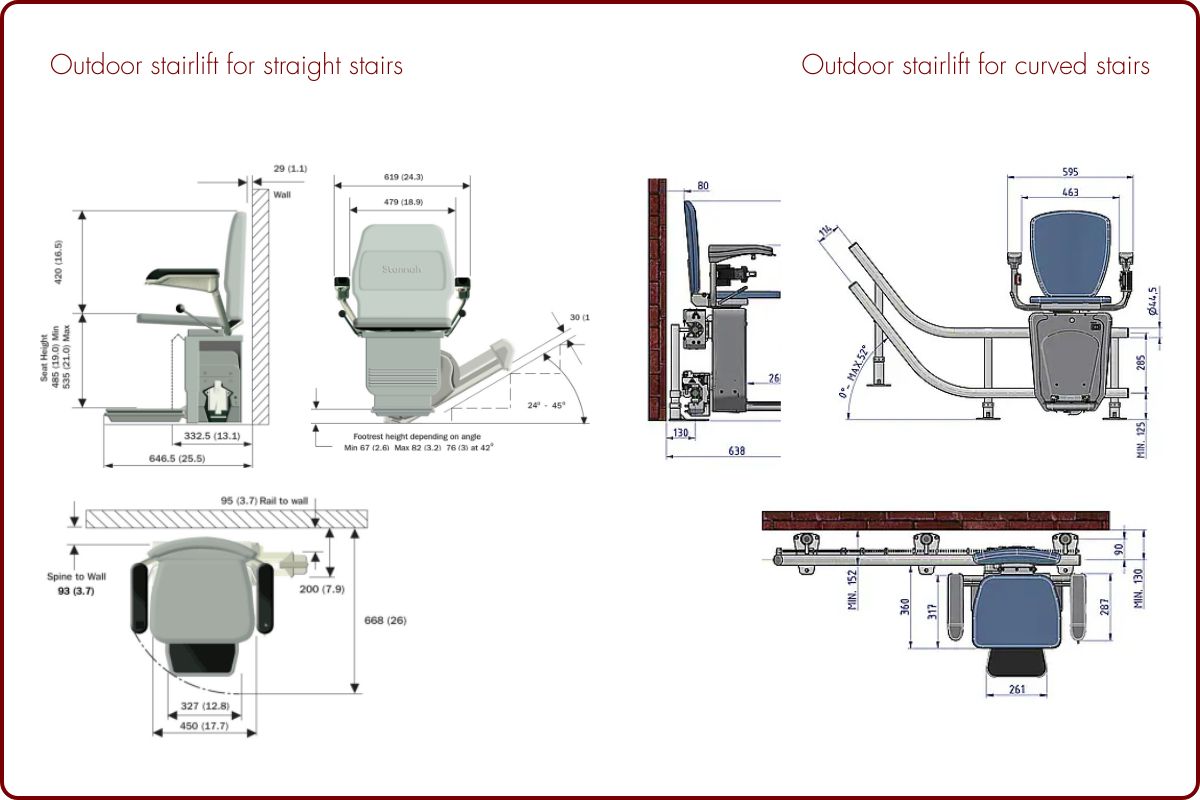 Dimensions of a curved and straight outdoor stairlift