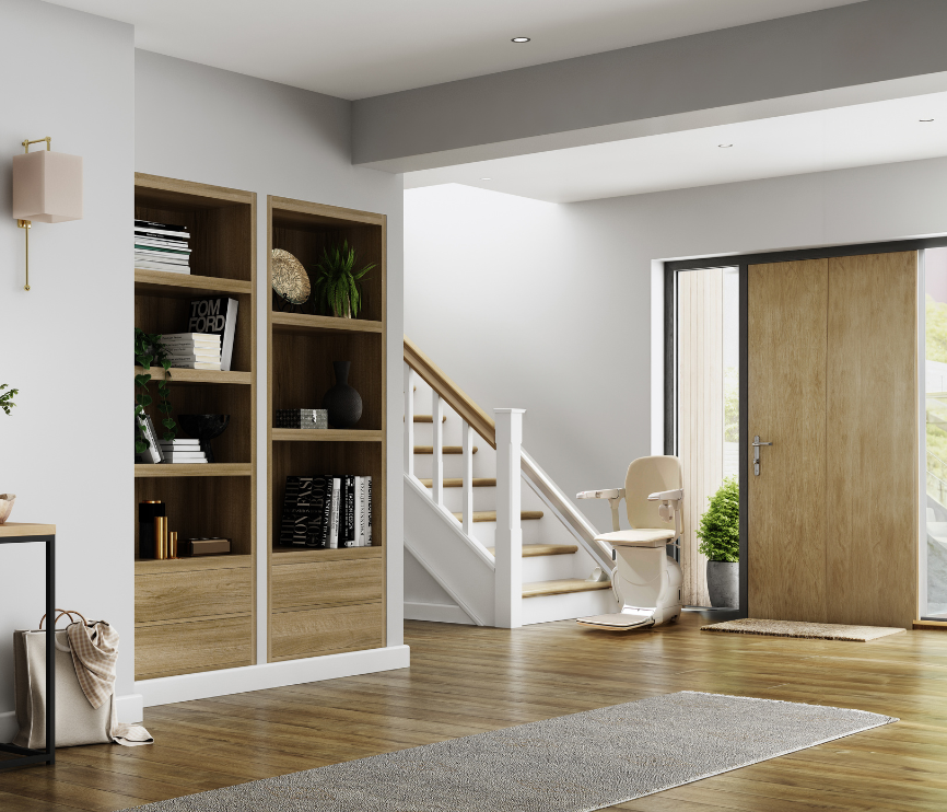 Stylish Stannah stairlift for straight stairs in a modern home